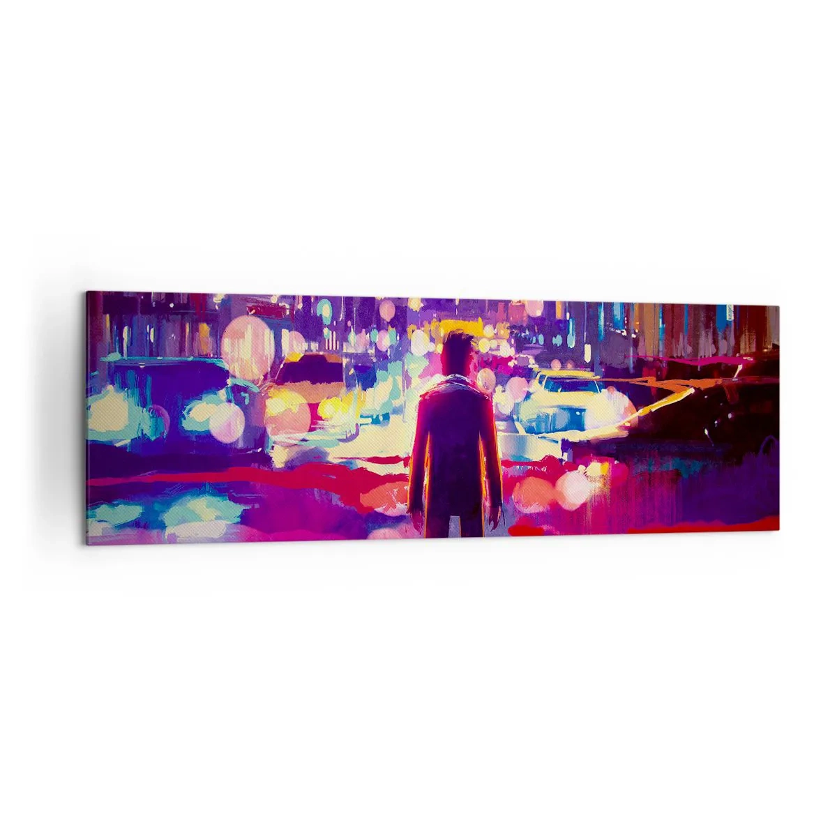 Cuadro sobre lienzo - Impresión de Imagen - Un hombre en una escena nocturna de la ciudad de neón. - 160x50cm - Inmerso en la luz - Decoración de pared moderna para salón y dormitorio ARTTOR