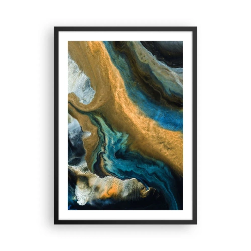 Póster en marco negro - Una composición abstracta en tonos dorados y azules. - 50x70cm - Azul - amarillo - influencia mutua - Decoración de pared moderna para salón y dormitorio ARTTOR