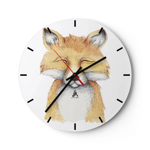 Reloj de pared - Reloj de vidrio - Un dibujo de un zorro sonriente sobre un fondo blanco. - 30x30cm - Humor de zorro - Decoración de pared moderna para salón, cocina y dormitorio ARTTOR