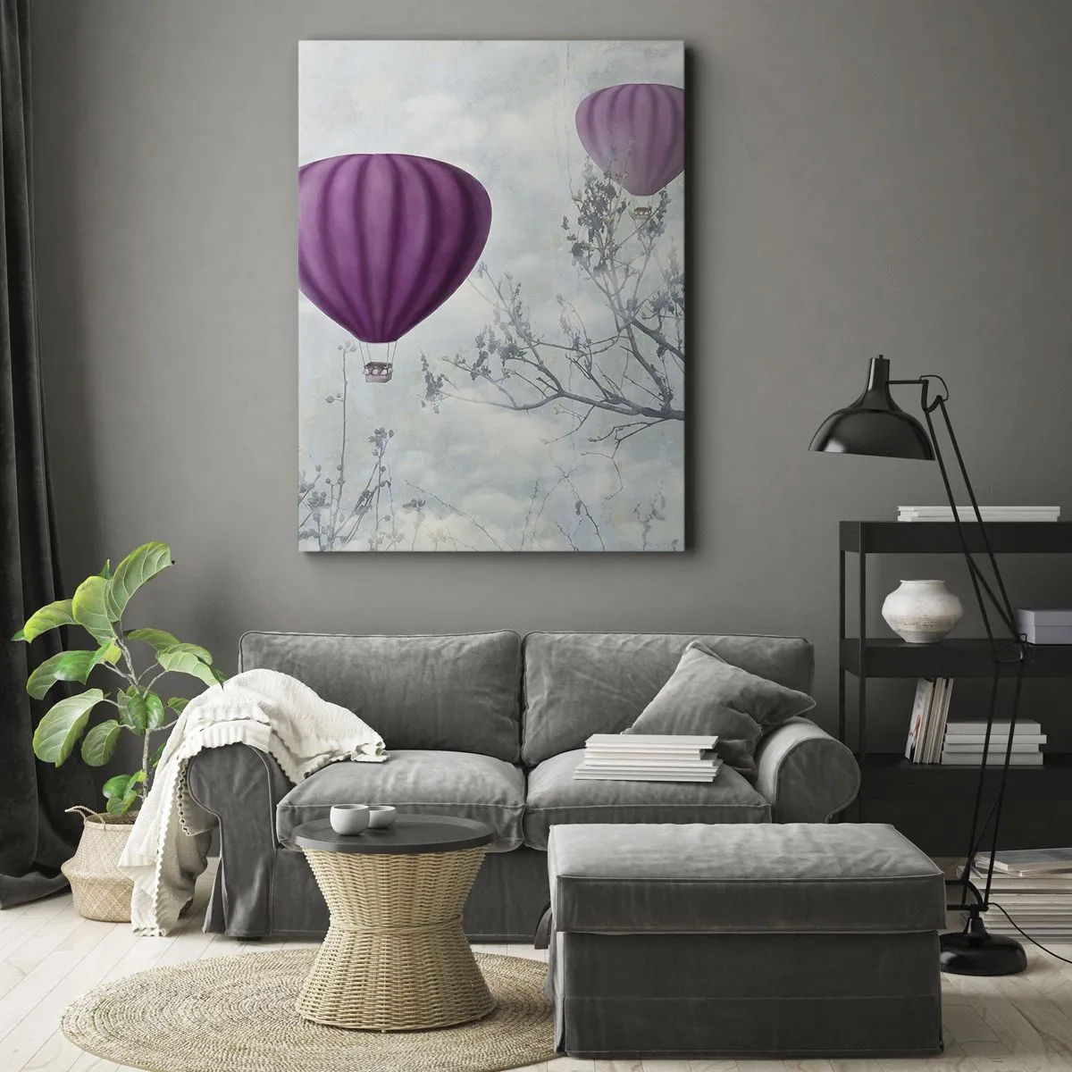 Cuadro sobre lienzo - Impresión de Imagen - Globos morados flotando sobre los árboles en las nubes. - 50x70cm - Surcando los cielos - Decoración de pared moderna para salón y dormitorio ARTTOR