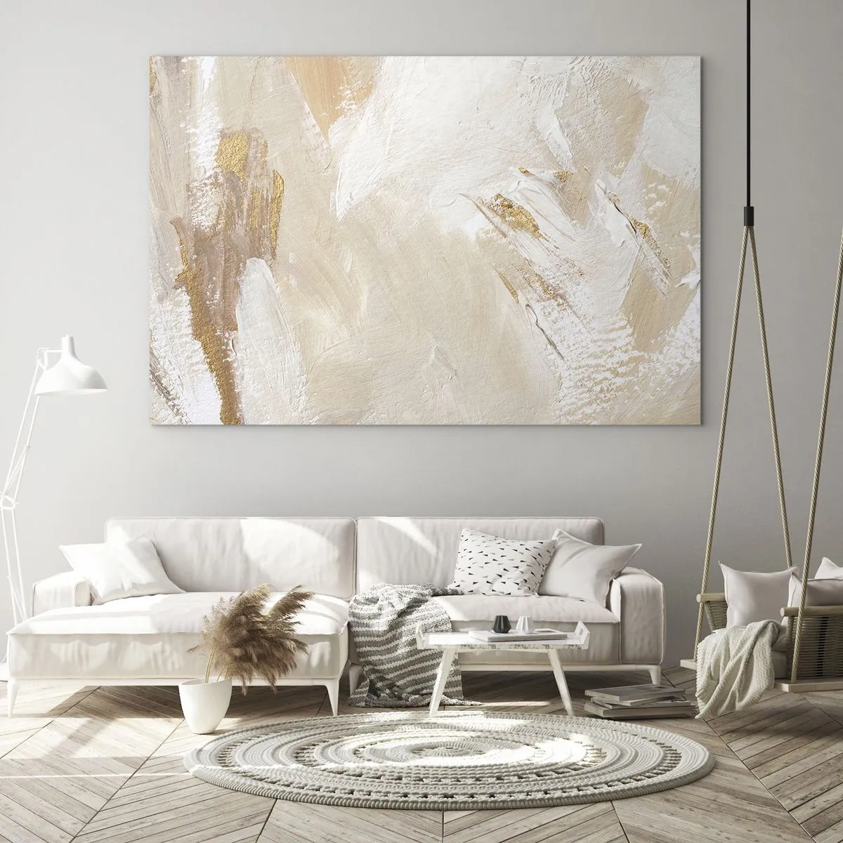 Cuadro sobre vidrio - Impresiones sobre Vidrio - Abstracción beige y blanca con acentos dorados. - 100x70cm - Composición en pastel - Decoración de pared moderna para salón y dormitorio ARTTOR