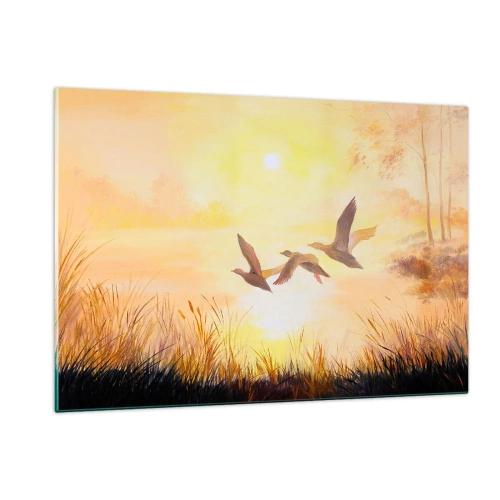 Cuadro sobre vidrio - Impresiones sobre Vidrio - Tres patos volando sobre un lago al amanecer - 120x80cm - El comienzo de un largo viaje - Decoración de pared moderna para salón y dormitorio ARTTOR
