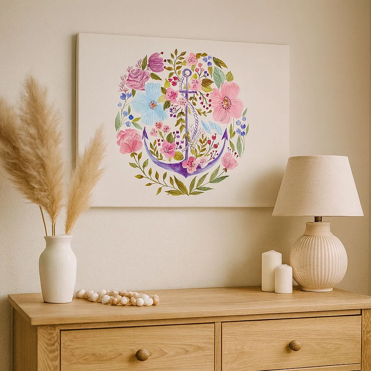 Cuadro sobre lienzo - Impresión de Imagen - Un ancla rodeada de flores de acuarela sobre un fondo claro. - 70x50cm - El sueño reparador de un marinero - Decoración de pared moderna para salón y dormitorio ARTTOR