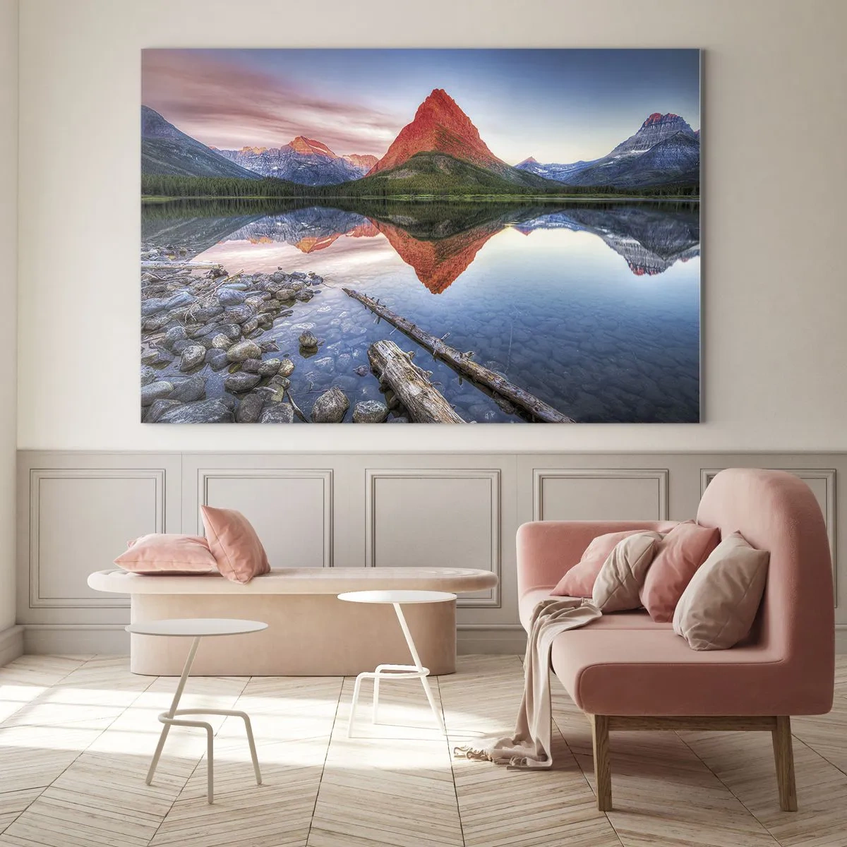 Cuadro sobre vidrio - Impresiones sobre Vidrio - Un pico de montaña reflejado en un lago tranquilo. - 70x50cm - Cálido y frío - Decoración de pared moderna para salón y dormitorio ARTTOR