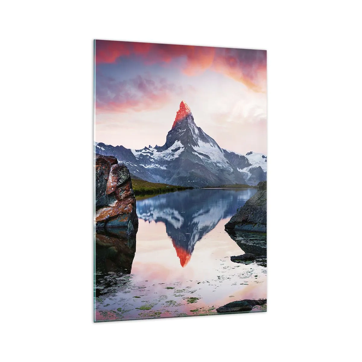Cuadro sobre vidrio - Impresiones sobre Vidrio - Un pico de montaña reflejado en un lago al atardecer. - 70x100cm - El corazón de las montañas arde - Decoración de pared moderna para salón y dormitorio ARTTOR