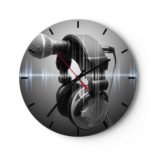 Reloj de pared - Reloj de vidrio - Micrófono y auriculares con ondas de sonido sobre fondo gris. - 30x30cm - Todavía se puede escuchar el canto - Decoración de pared moderna para salón, cocina y dormitorio ARTTOR
