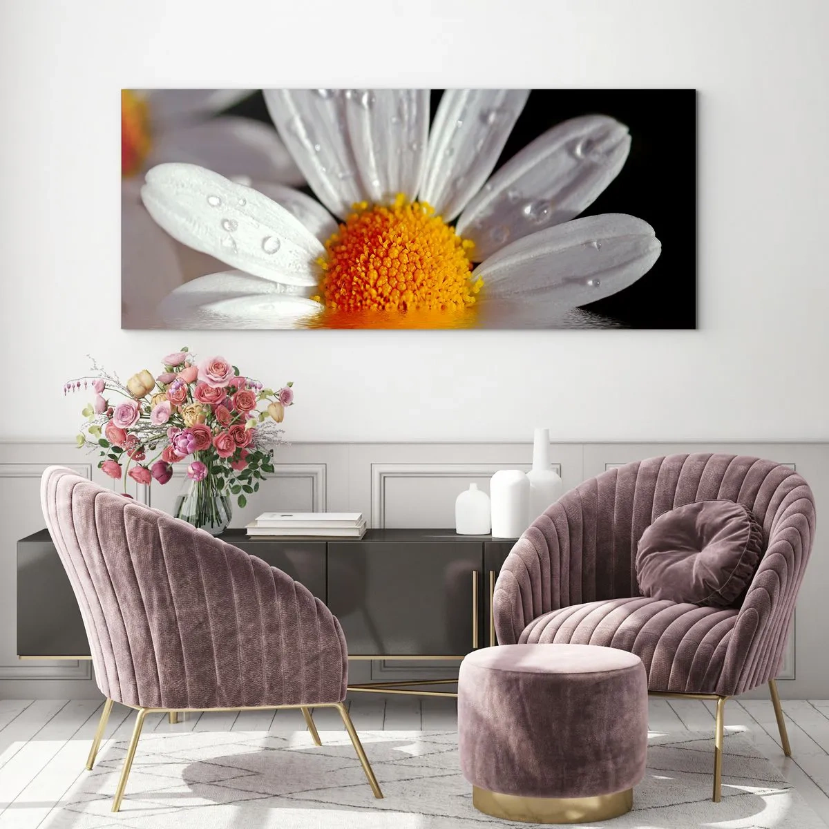 Cuadro sobre vidrio - Impresiones sobre Vidrio - El sol naciente de una margarita - 100x40 cm