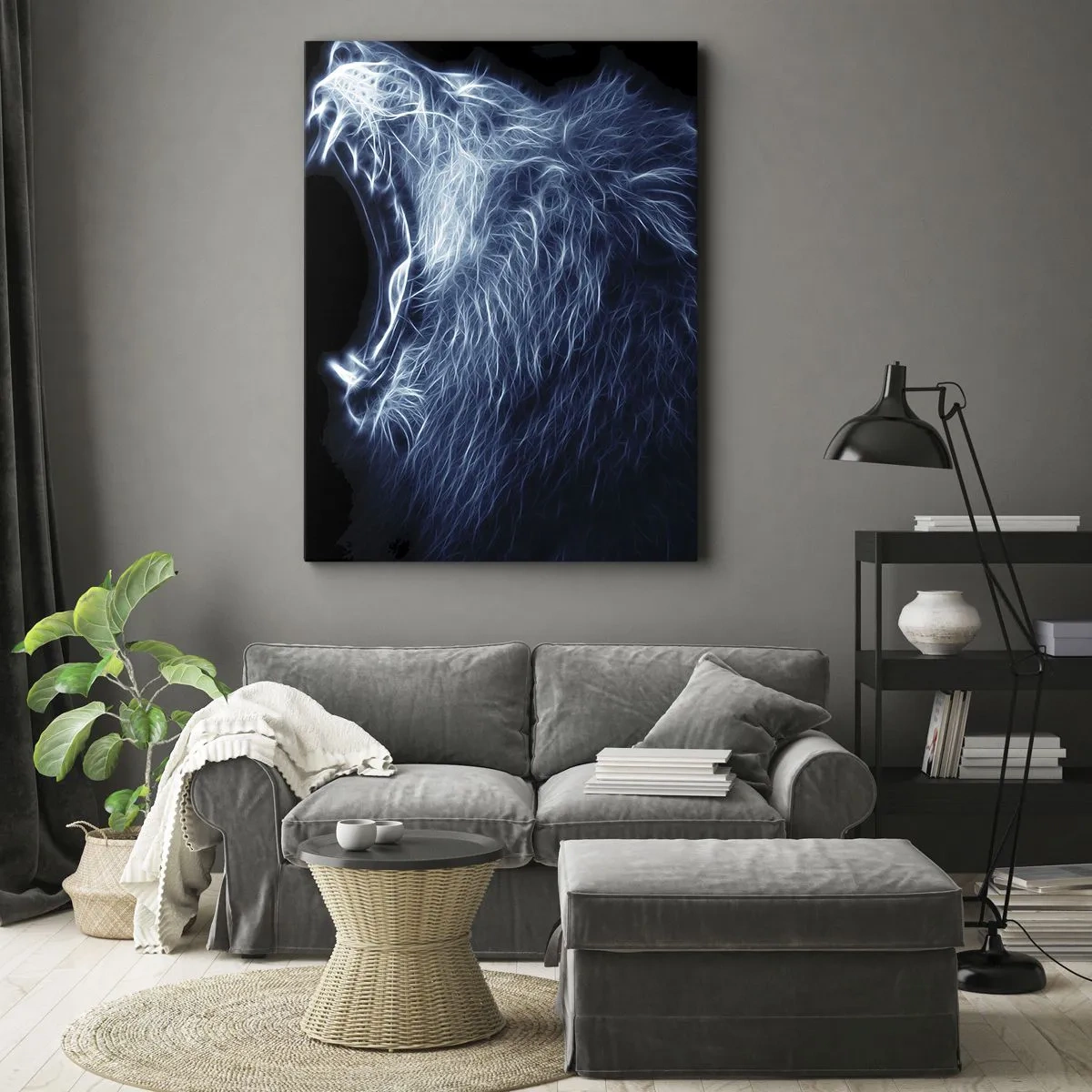 Cuadro sobre lienzo - Impresión de Imagen - Una llamativa cara de león en estilo neón. - 50x70cm - La furia del rey - Decoración de pared moderna para salón y dormitorio ARTTOR