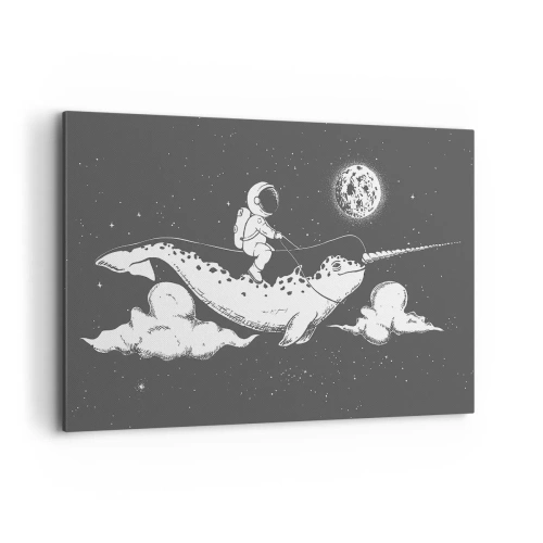 Cuadro sobre lienzo - Impresión de Imagen - Un astronauta en el lomo de un narval flotando en una escena espacial. - 120x80cm - Jinete espacial - Decoración de pared moderna para salón y dormitorio ARTTOR