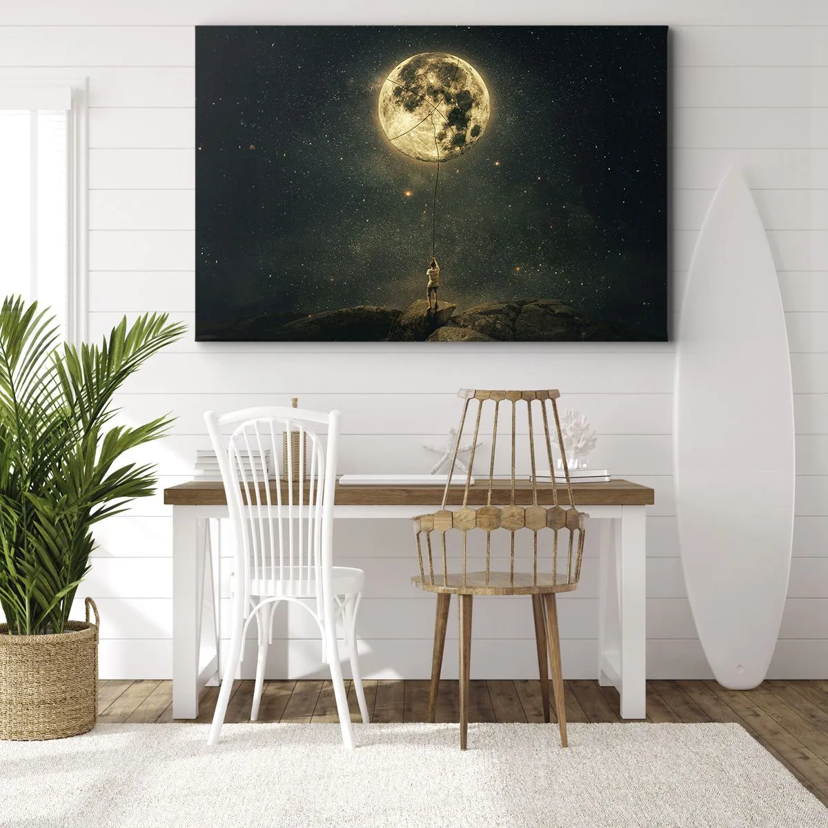 Cuadro sobre lienzo - Impresión de Imagen - Hombre con la luna contra el cielo estrellado - 100x70cm - El que robó la luna - Decoración de pared moderna para salón y dormitorio ARTTOR