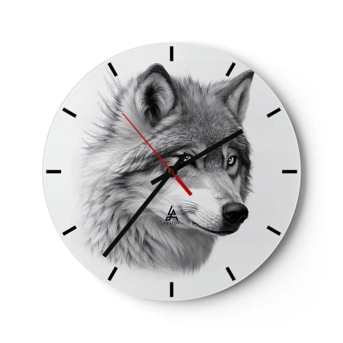 Reloj de pared - Reloj de vidrio - Un retrato en blanco y negro de un lobo con una mirada penetrante. - 30x30cm - Alfa - sin duda - Decoración de pared moderna para salón, cocina y dormitorio ARTTOR