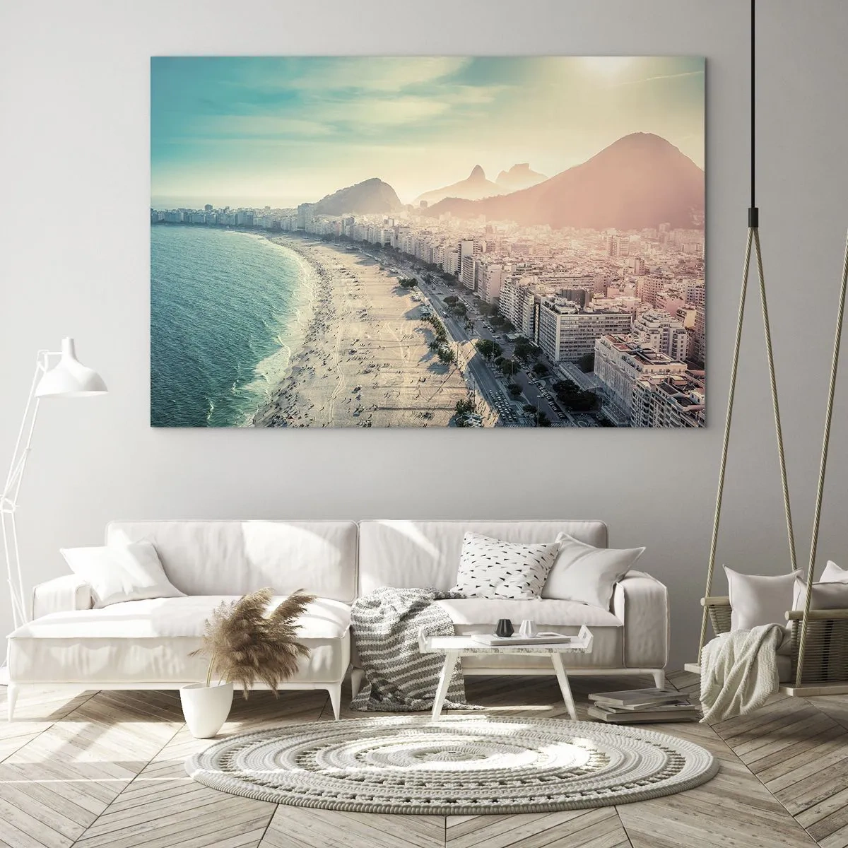 Cuadro sobre vidrio - Impresiones sobre Vidrio - Panorama de la playa con edificios urbanos y fondo de montaña - 100x70cm - Vacaciones perpetuas en Río - Decoración de pared moderna para salón y dormitorio ARTTOR