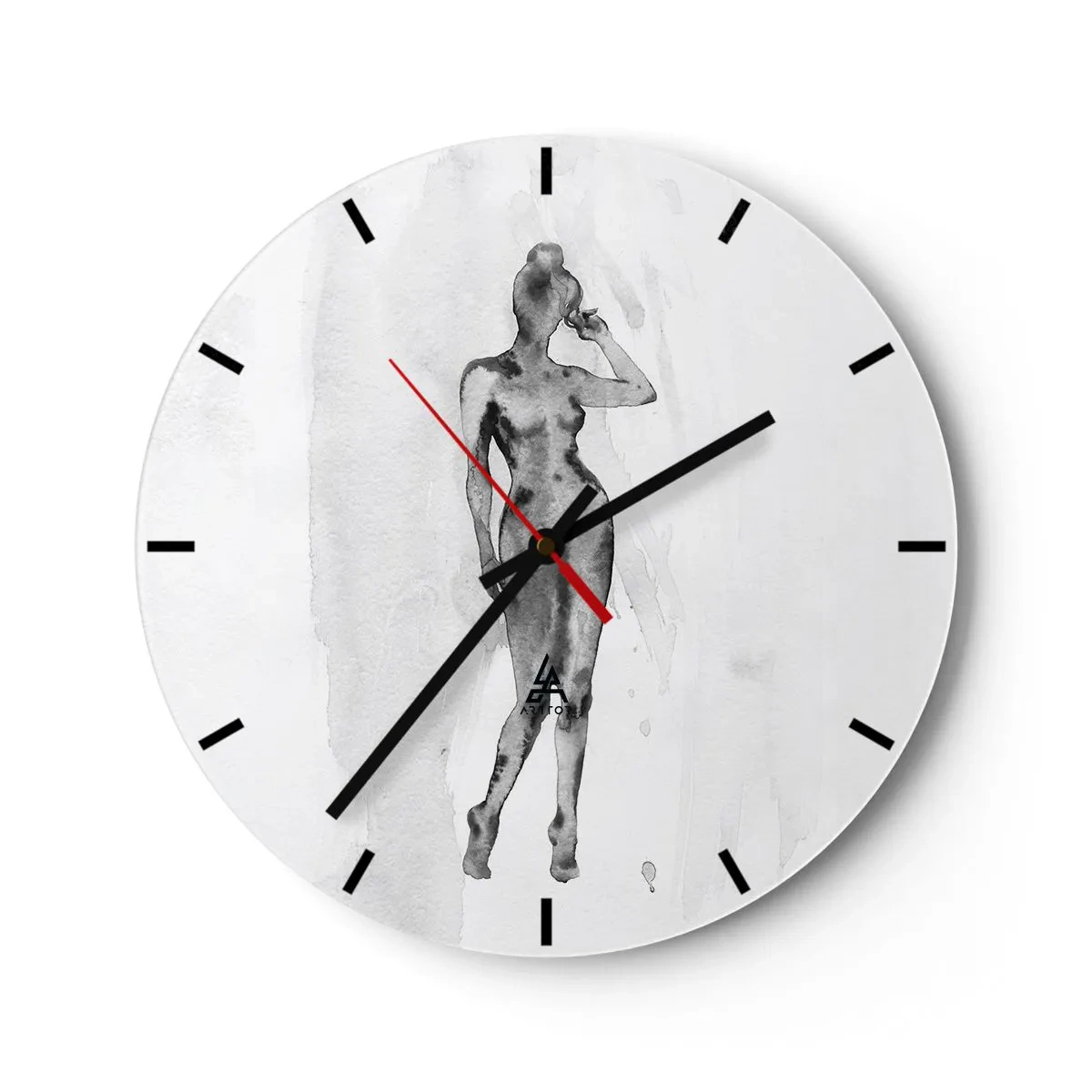 Reloj de pared - Reloj de vidrio - Silueta de una mujer en estilo acuarela sobre un fondo blanco - 30x30cm - Un estudio sobre el ideal de feminidad - Decoración de pared moderna para salón, cocina y dormitorio ARTTOR