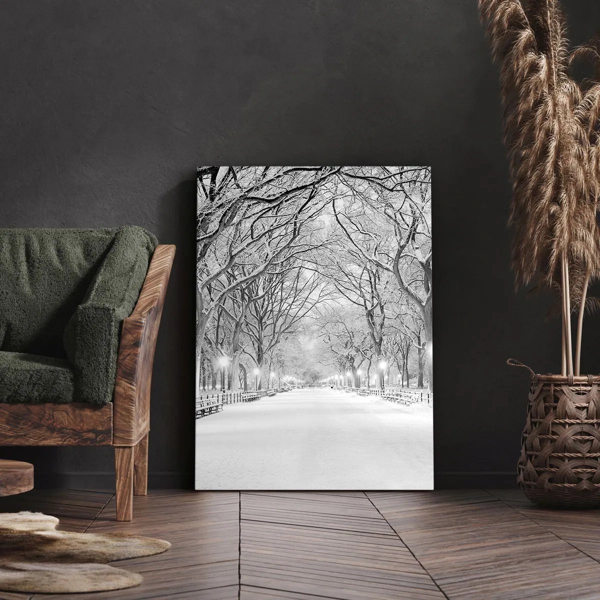 Cuadro sobre lienzo - Impresión de Imagen - Un callejón invernal con árboles cubiertos de nieve en monocromo. - 50x70cm - Cuatro estaciones - invierno - Decoración de pared moderna para salón y dormitorio ARTTOR