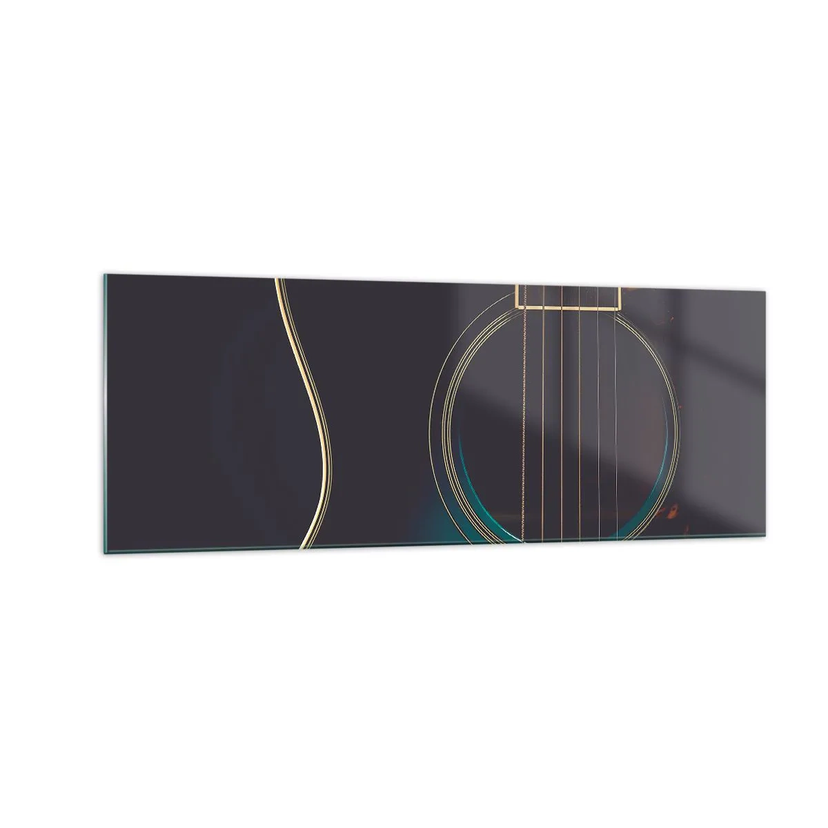 Cuadro sobre vidrio - Impresiones sobre Vidrio - Guitarra acústica en luz oscura y elegante. - 140x50cm - Un momento antes de que suene - Decoración de pared moderna para salón y dormitorio ARTTOR