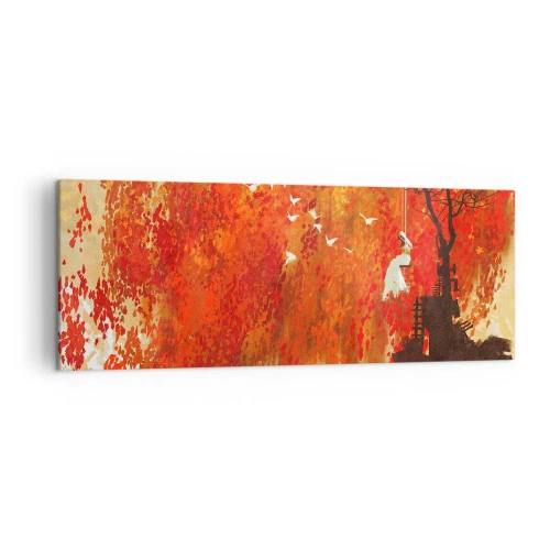 Cuadro sobre lienzo - Impresión de Imagen - Una figura en un columpio junto a un árbol rodeado de hojas rojas. - 140x50cm - ¿Volará con ellos? - Decoración de pared moderna para salón y dormitorio ARTTOR