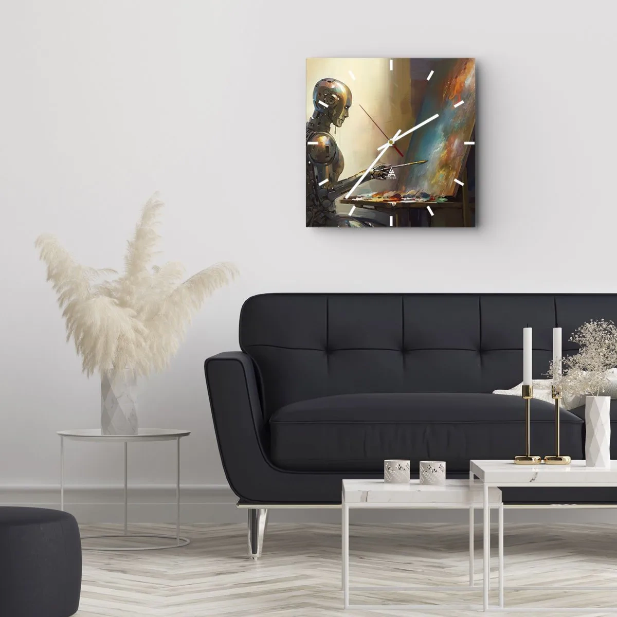 Reloj de pared - Reloj de vidrio - Un robot pintando sobre un lienzo con un estilo artístico. - 30x30cm - Arte del futuro - Decoración de pared moderna para salón y dormitorio ARTTOR