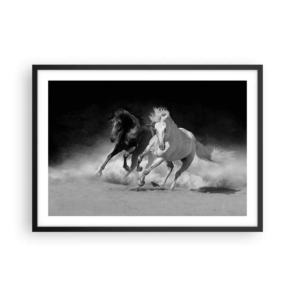 Póster en marco negro - Caballos corriendo en blanco y negro - 70x50cm - El galope de la libertad - Decoración de pared moderna para salón y dormitorio ARTTOR