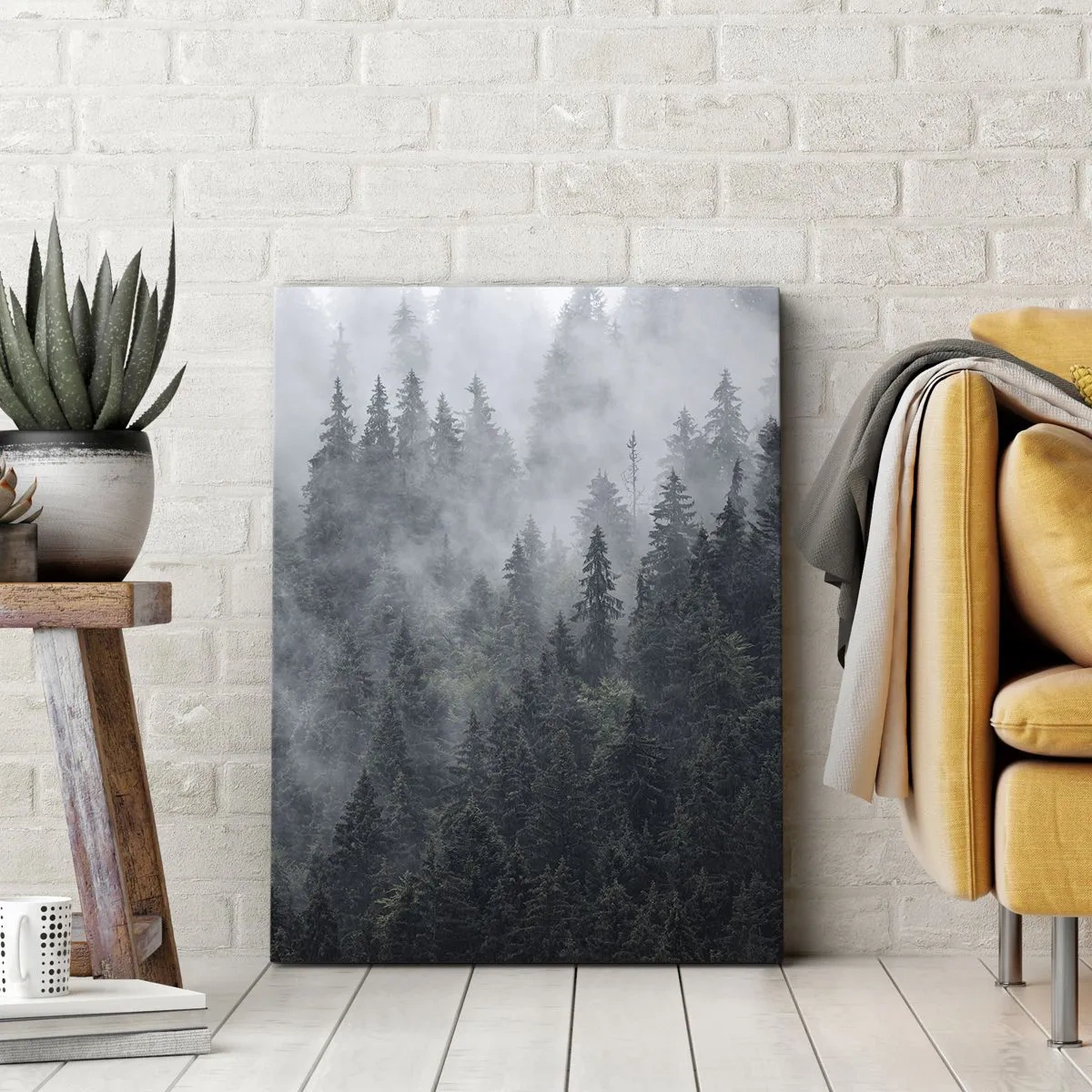 Cuadro sobre lienzo - Impresión de Imagen - Bosque de coníferas brumoso en tonos grises y verdes. - 50x70cm - Amanecer en el bosque - Decoración de pared moderna para salón y dormitorio ARTTOR