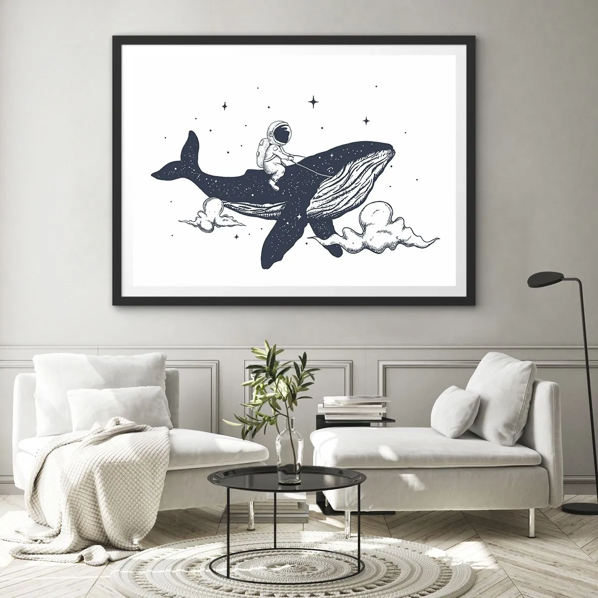Póster en marco negro - Astronauta en una ballena flotando en el espacio - 70x50cm - Una aventura cósmica - Decoración de pared moderna para salón y dormitorio ARTTOR