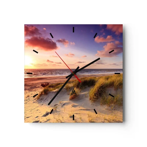 Reloj de pared - Reloj de vidrio - Una playa cubierta de hierba y una puesta de sol sobre un mar en calma. - 30x30cm - Se siente la brisa veraniega - Decoración de pared moderna para salón y dormitorio ARTTOR