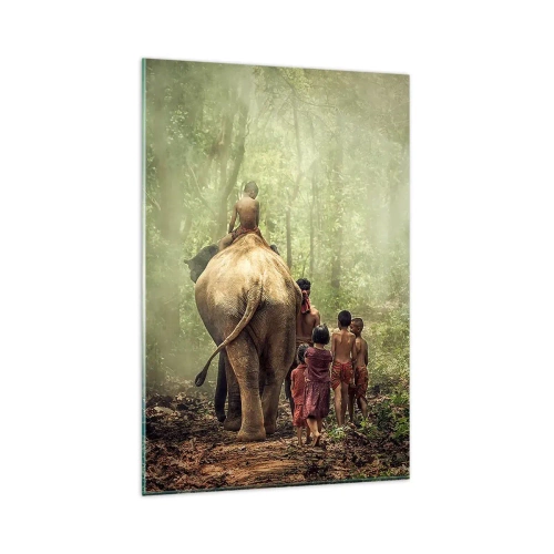 Cuadro sobre vidrio - Impresiones sobre Vidrio - Niños con un elefante en un bosque verde a la luz de la mañana. - 80x120cm - El nuevo libro de la selva - Decoración de pared moderna para salón y dormitorio ARTTOR