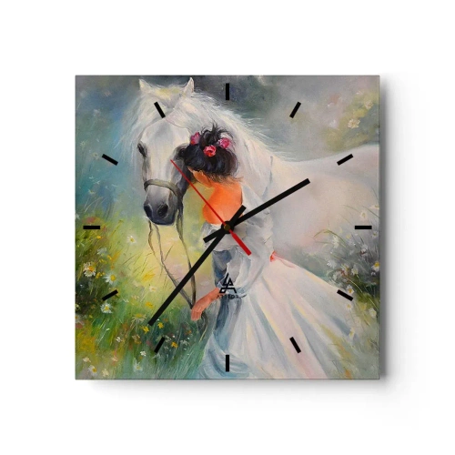 Reloj de pared - Reloj de vidrio - Una mujer con un caballo blanco en un entorno pintoresco. - 30x30cm - Como si de un hermoso sueño se tratara - Decoración de pared moderna para salón y dormitorio ARTTOR