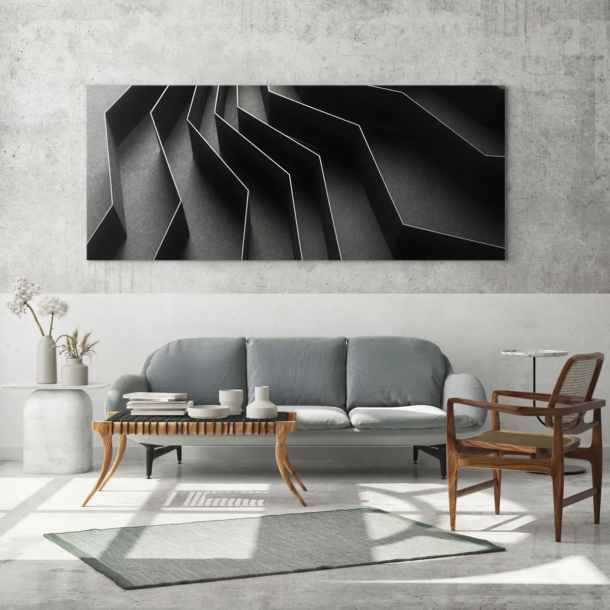 Cuadro sobre vidrio - Impresiones sobre Vidrio - Abstracción en blanco y negro con estructuras geométricas. - 140x50cm - Orden espacial - Decoración de pared moderna para salón y dormitorio ARTTOR
