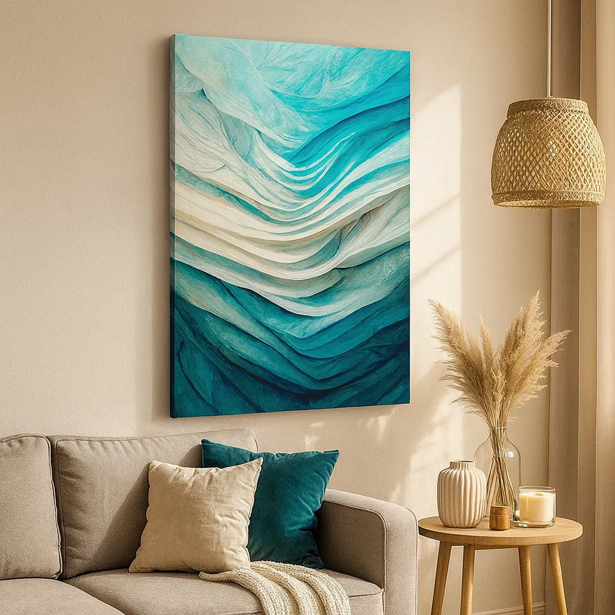 Cuadro sobre lienzo - Impresión de Imagen - Ondas dinámicas en tonos azules y blancos. - 50x70cm - Azul insaciable - Decoración de pared moderna para salón y dormitorio ARTTOR