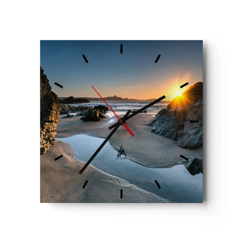 Reloj de pared - Reloj de vidrio - Atardecer pintoresco en una playa rocosa - 30x30cm - Sin tocar por la mano del hombre - Decoración de pared moderna para salón y dormitorio ARTTOR