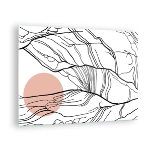 Cuadro sobre vidrio - Impresiones sobre Vidrio - Líneas sombreadas de ramas con un sol beige - 70x50cm - En una red de ramas - Decoración de pared moderna para salón y dormitorio ARTTOR