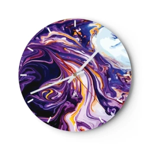 Reloj de pared - Reloj de vidrio - Remolinos abstractos morados con acentos brillantes - 30x30cm - Una curva en el violeta - Decoración de pared moderna para salón, cocina y dormitorio ARTTOR
