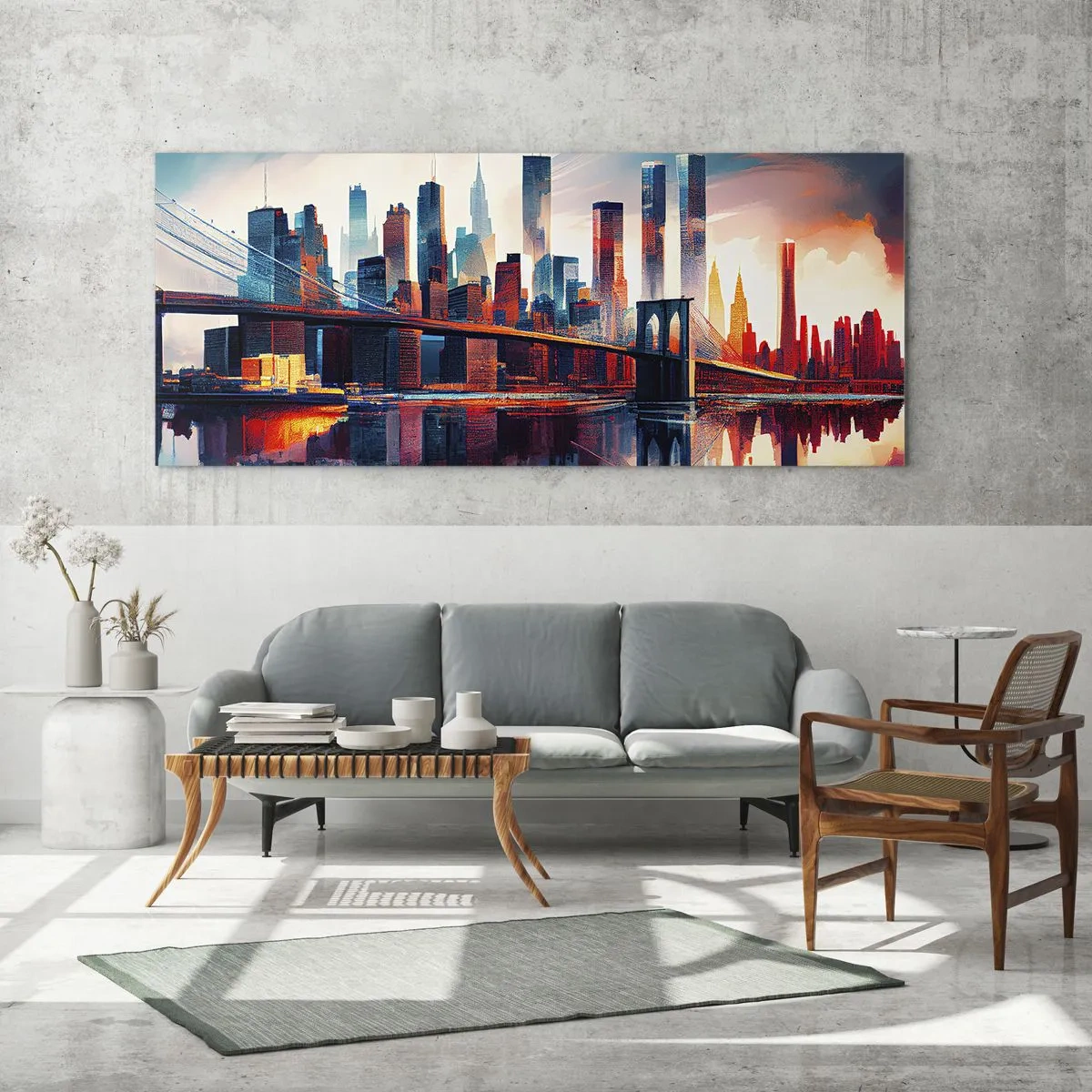 Cuadro sobre vidrio - Impresiones sobre Vidrio - Panorama de la ciudad de Nueva York con puente y reflejo en el agua - 140x50cm - Nueva York siempre luce - Decoración de pared moderna para salón y dormitorio ARTTOR