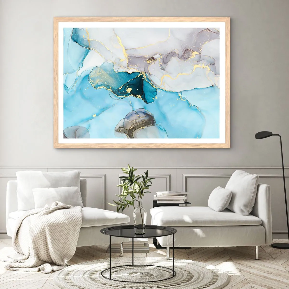 Póster en marco roble claro - Un estudio del encuentro entre el gris y el turquesa - 91x61 cm