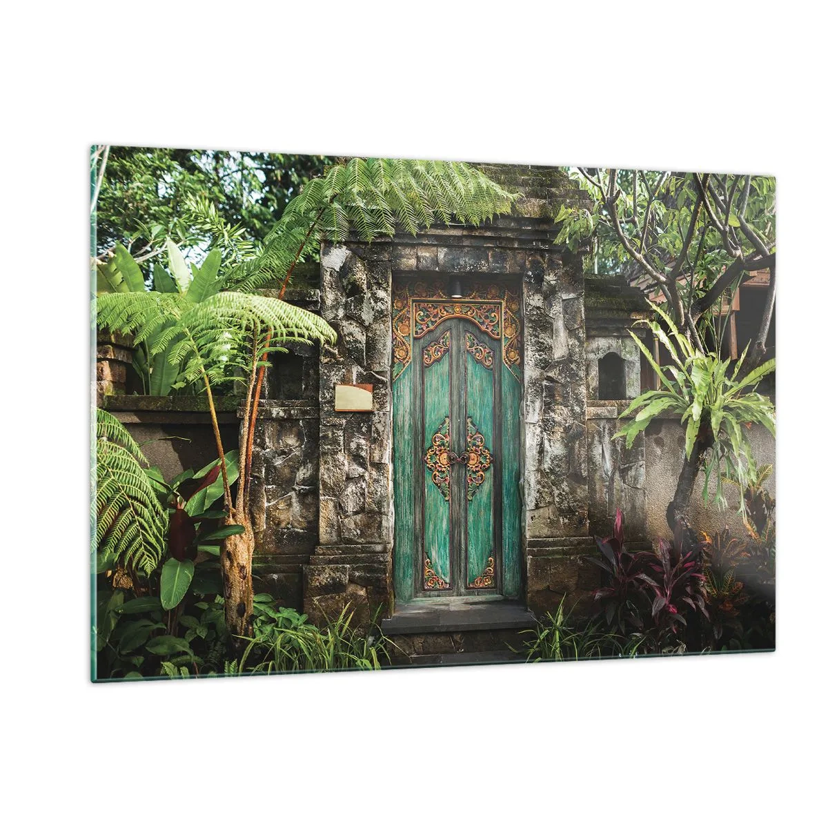 Cuadro sobre vidrio - Impresiones sobre Vidrio - Puerta turquesa adornada en un muro de piedra rodeado de vegetación tropical. - 120x80cm - Una puerta a un mundo exótico - Decoración de pared moderna para salón y dormitorio ARTTOR