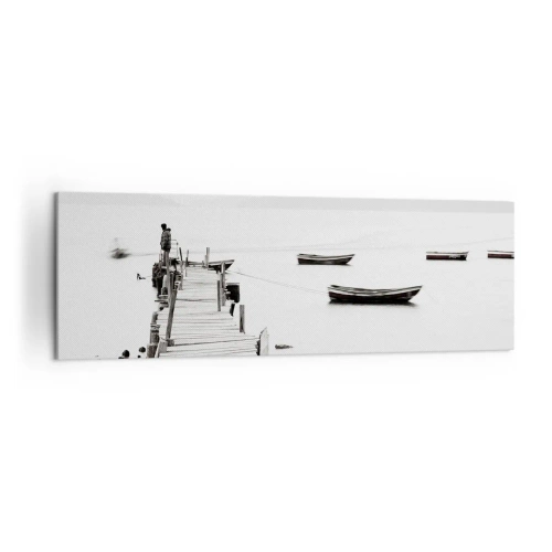 Cuadro sobre lienzo - Impresión de Imagen - Muelle de madera y barcos en aguas tranquilas - 160x50cm - Junto al agua tranquila y clara - Decoración de pared moderna para salón y dormitorio ARTTOR