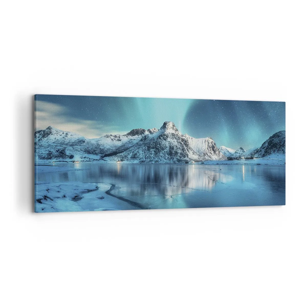 Cuadro sobre lienzo - Impresión de Imagen - Aurora boreal sobre montañas nevadas y un lago - 120x50cm - Una noche de luz - Decoración de pared moderna para salón y dormitorio ARTTOR