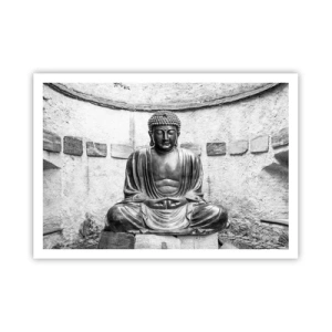 Póster - Estatua de Buda en blanco y negro en pose meditativa. - 100x70cm - En la fuente de la paz - Decoración de pared moderna para salón y dormitorio ARTTOR