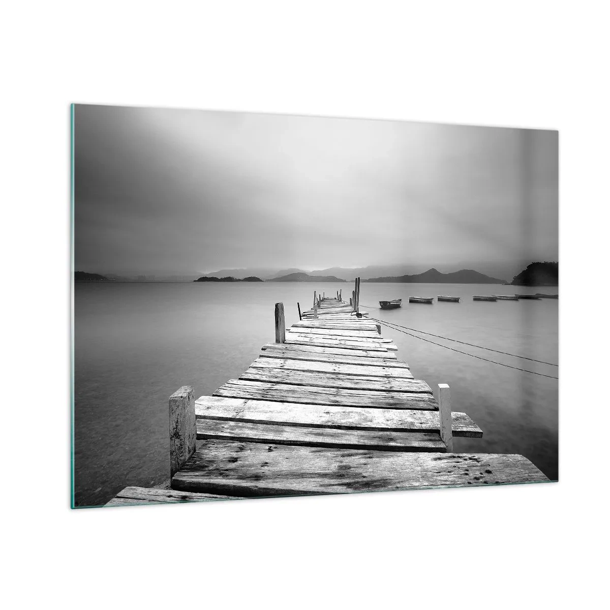 Cuadro sobre vidrio - Impresiones sobre Vidrio - Muelle de madera sobre un lago tranquilo en blanco y negro - 100x70cm - Más allá de las montañas, más allá de los mares - Decoración de pared moderna para salón y dormitorio ARTTOR