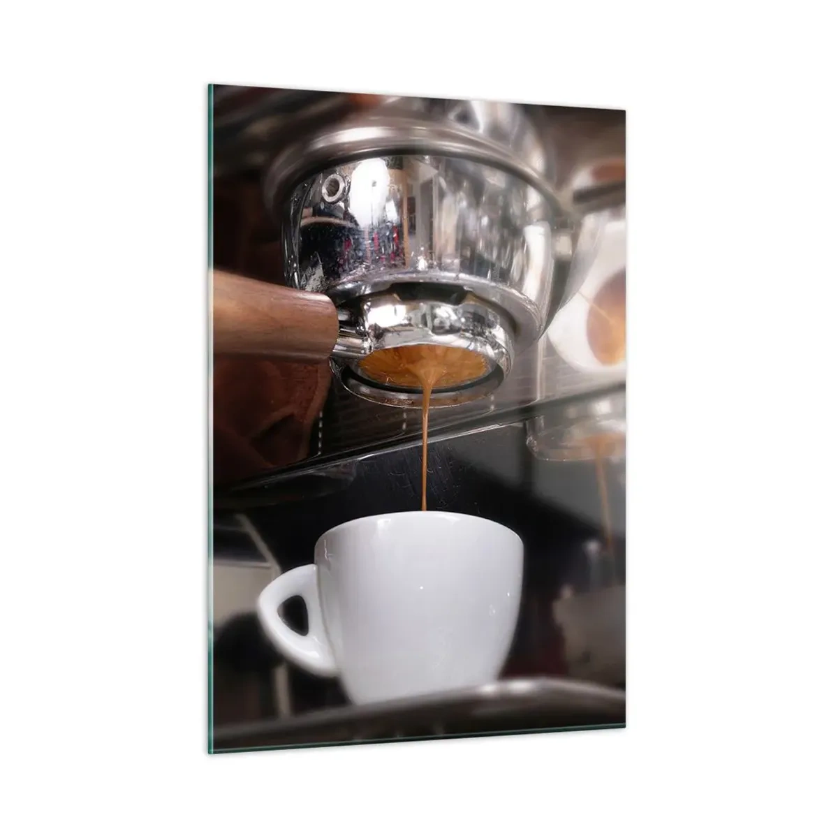 Cuadro sobre vidrio - Impresiones sobre Vidrio - Primer plano de una taza de café que se vierte desde una cafetera a presión. - 50x70cm - El mejor momento del día - Decoración de pared moderna para salón y dormitorio ARTTOR