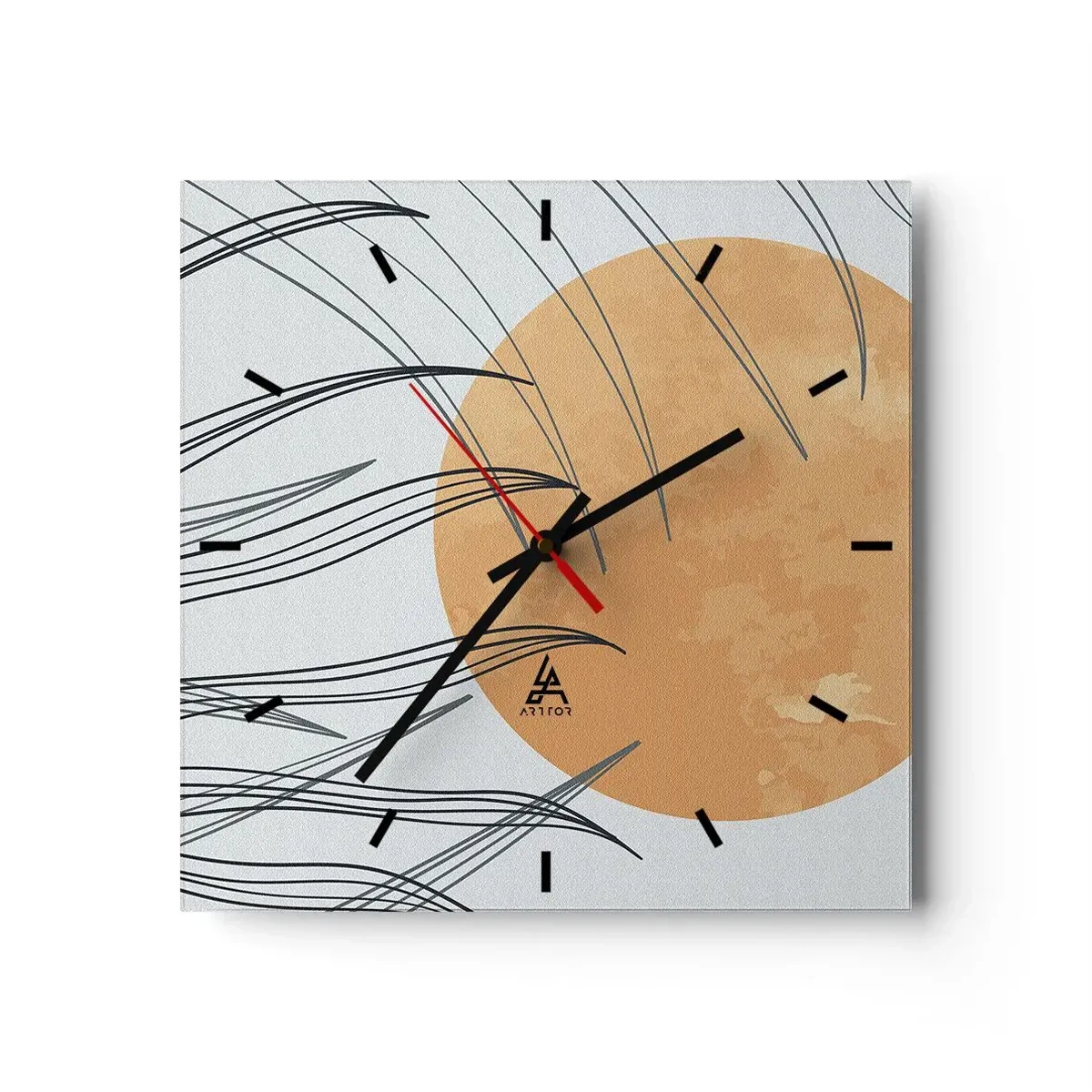 Reloj de pared - Reloj de vidrio - Hojas de hierba abstractas contra el fondo de un gran sol naranja - 30x30cm - Siempre hacia el sol - Decoración de pared moderna para salón y dormitorio ARTTOR