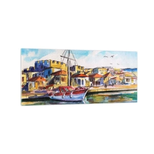 Cuadro sobre vidrio - Impresiones sobre Vidrio - Un puerto pintoresco con un barco y edificios coloridos. - 120x50cm - Tarde de arco iris - Decoración de pared moderna para salón y dormitorio ARTTOR