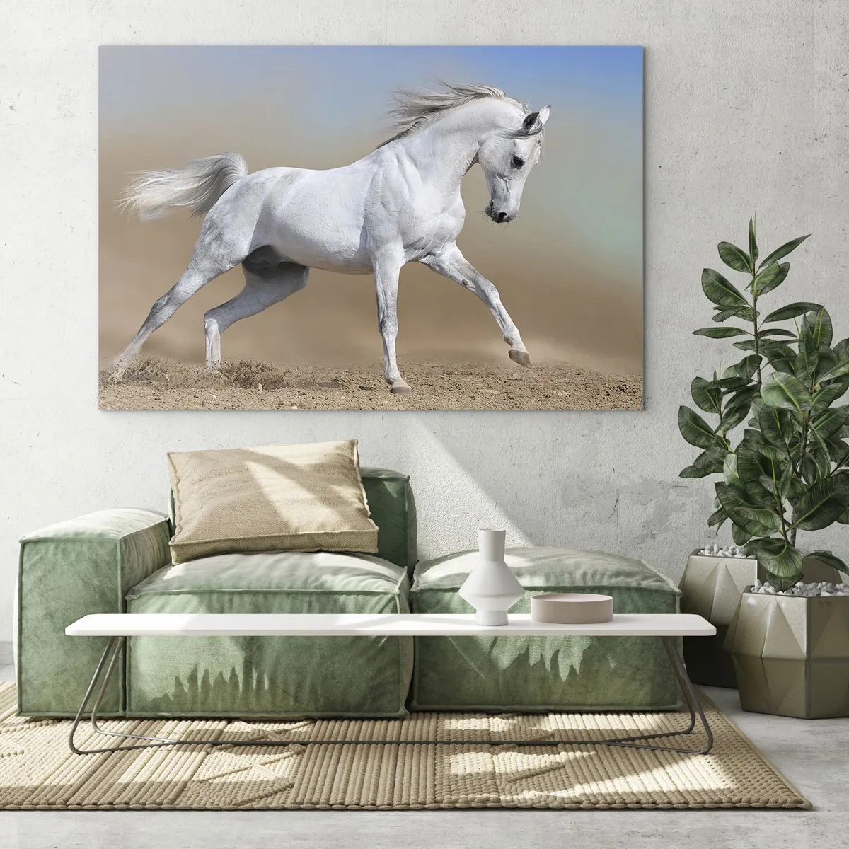 Cuadro sobre vidrio - Impresiones sobre Vidrio - Un caballo blanco galopando por el suelo arenoso. - 120x80cm - El más bello cuento de hadas árabe - Decoración de pared moderna para salón y dormitorio ARTTOR