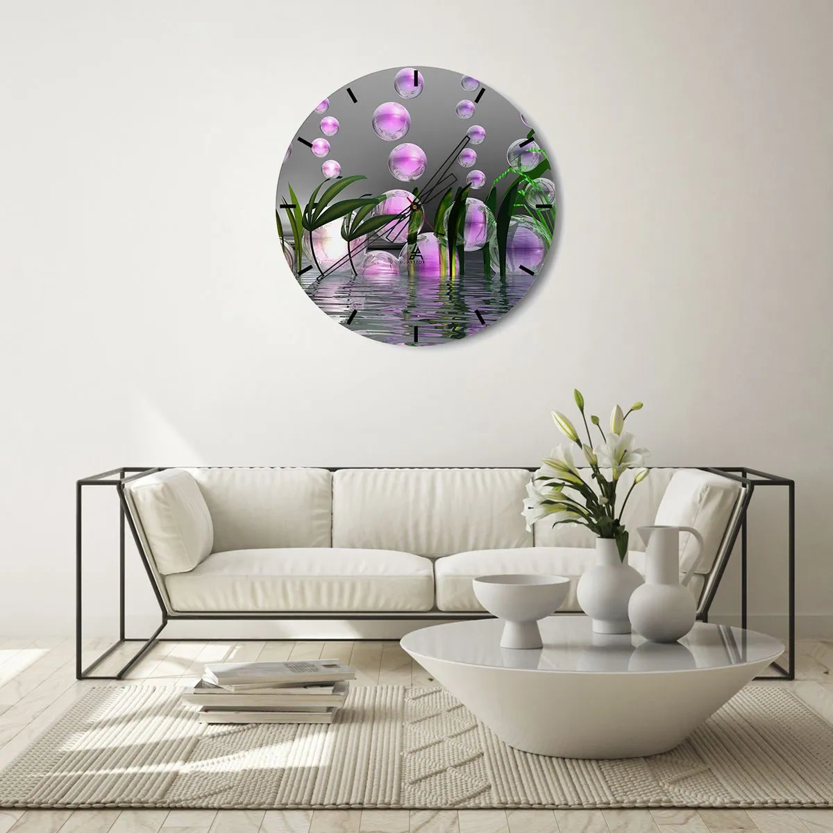 Reloj de pared - Reloj de vidrio - Burbujas abstractas en el agua con plantas verdes - 30x30cm - Composición reflexiva de ligereza y vida - Decoración de pared moderna para salón, cocina y dormitorio ARTTOR