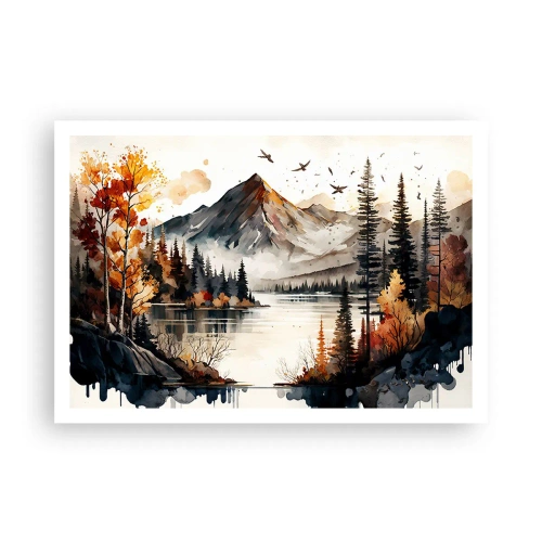 Póster - Paisaje otoñal de montaña con lago y árboles en acuarela - 100x70cm - Otoño dorado en las montañas - Decoración de pared moderna para salón y dormitorio ARTTOR