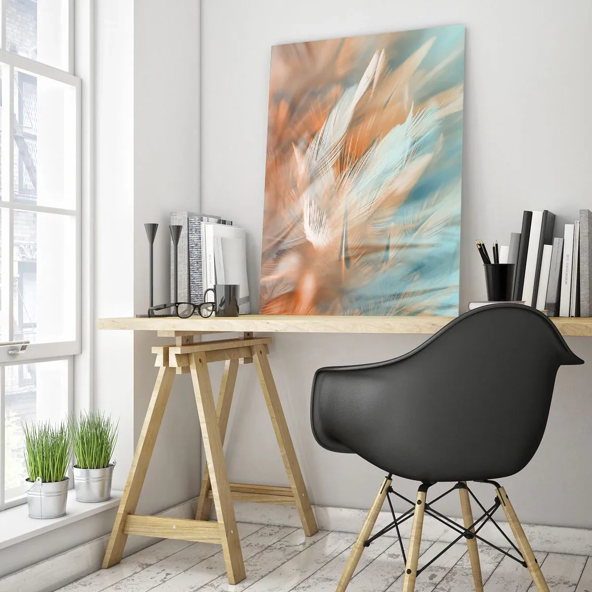 Cuadro sobre vidrio - Impresiones sobre Vidrio - Delicadas plumas en tonos pastel de azul y naranja. - 80x120cm - En la tierra de la suavidad - Decoración de pared moderna para salón y dormitorio ARTTOR