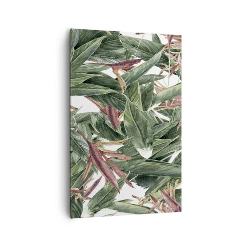 Cuadro sobre lienzo - Impresión de Imagen - Un motivo decorativo de hojas en tonos verdes y burdeos sobre un fondo claro. - 80x120cm - Naturaleza esmeralda y lila - Decoración de pared moderna para salón y dormitorio ARTTOR