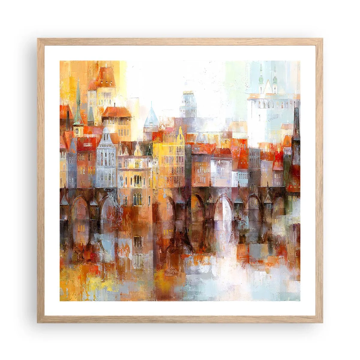 Póster en marco roble claro - Puente y ciudad - 60x60 cm