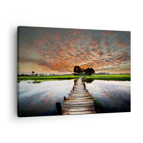 Cuadro sobre lienzo - Impresión de Imagen - Puente de madera sobre el agua al atardecer - 70x50cm - Extiende tus brazos - respira  - Decoración de pared moderna para salón y dormitorio ARTTOR