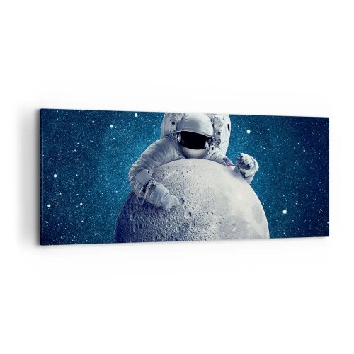 Cuadro sobre lienzo - Impresión de Imagen - Astronauta sosteniendo la luna contra un cielo estrellado - 120x50cm - Bromista espacial - Decoración de pared moderna para salón y dormitorio ARTTOR